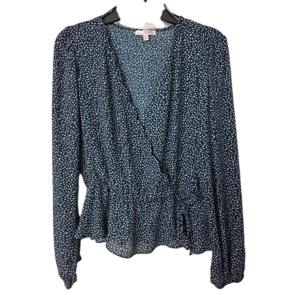 Anthropologie Nine Britton Faux Wrap Blouse Green White Long Sleeve, Petite L - Picture 1 of 3